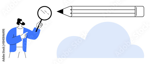 Education, creativity, research, cloud technology, brainstorming, analysis. Man holding a magnifying glass pointing, a large pencil and a cloud element. Education and creativity concept