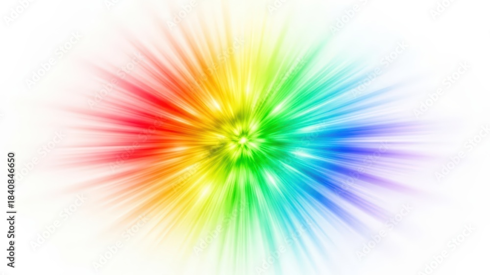 Obraz premium A vibrant and colorful abstract radial burst of light and energy, featuring a full spectrum of rainbow colors radiating outwards from a central point on a white background.