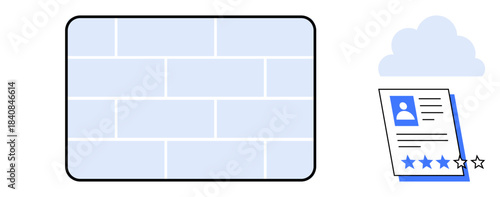 Digital brick wall alongside a cloud icon and a five-star-rated user profile. Ideal for data security, cloud-based storage, assessment, user profile management, ratings, digital structures
