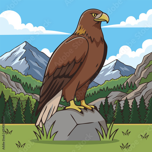 Golden Eagle Perching on Mountain Rock Hunter Bird Character Vector Illustration