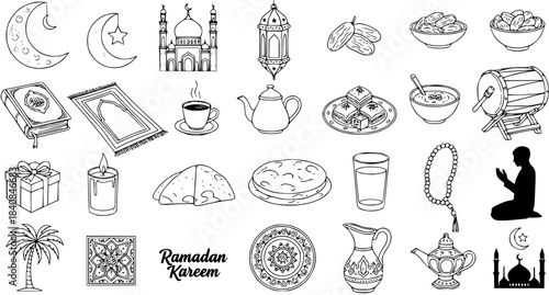 Ramadan Kareem Islamic Icons: Mosque, Quran, Dates, Prayer Mat, Coffee, Sweets, Dates, Drum, Lantern, Candle, Gifts, Palm Tree, Rosary, Silhouette of Man Praying, Festive Celebration