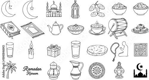 Hand Drawn Ramadan Kareem Icons Set. Black and White Line Art Doodle Collection of Islamic Holiday Symbols, Muslim Cultural Elements, Food, and Traditions for Religious Celebration Design