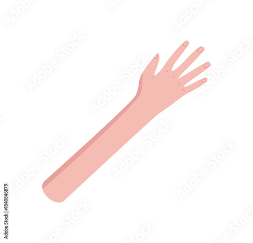 Cartoon style depiction of an open human hand with a raised arm and extended fingers. Gestural symbol suggests communication, connection, and expression. Flat abstract format, vibrant minimalism,