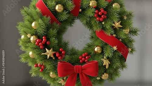 Wallpaper Mural Beautifully adorned evergreen Christmas wreath with vibrant red ribbons, golden spheres, and sparkling star ornaments, perfect for festive holiday celebrations and seasonal decor Torontodigital.ca
