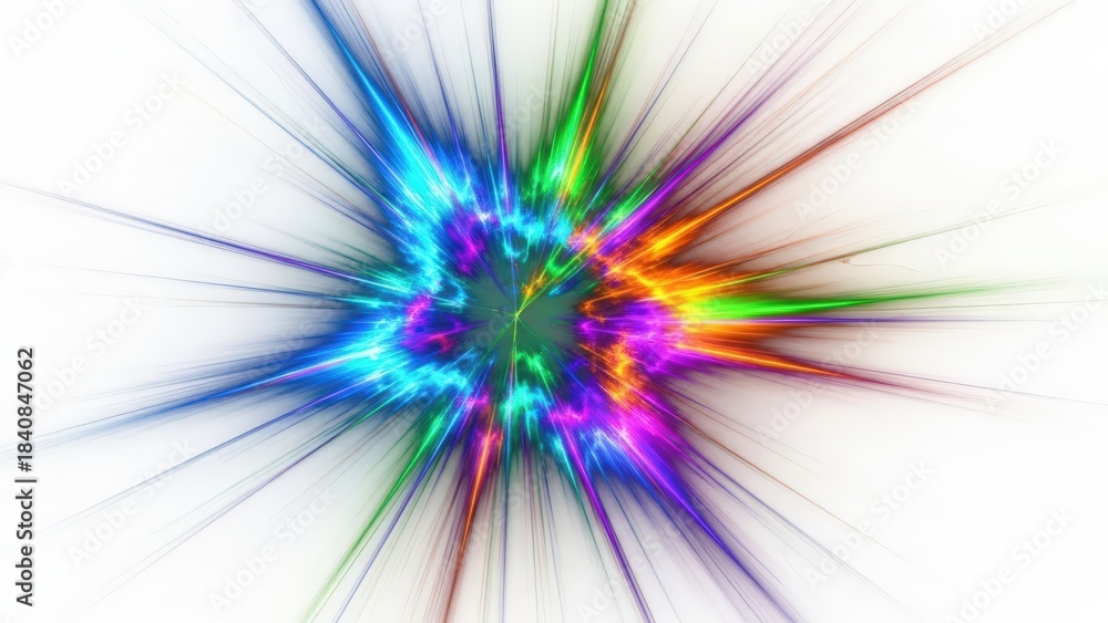 Obraz premium A vibrant, abstract explosion of colorful light rays bursting outwards from a central point on a white background.