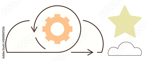 Gear inside cloud symbolizing process flow with arrows, accompanied by star and smaller cloud. Ideal for innovation, automation, technology, efficiency, creativity, success digital growth. Simple