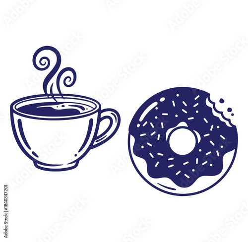 Vector illustration of a coffee cup with steam and a bitten donut isolated on white background