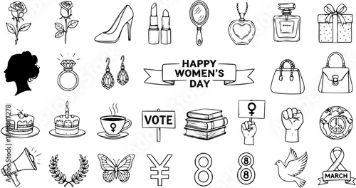 International Women's Day Icon Set. Hand-drawn Doodle Line Art collection of feminism, beauty, rights, protest, and celebration symbols for March 8th graphic design assets.