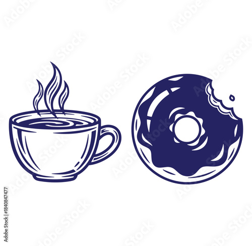 Vector illustration of a steaming cup of coffee next to a delicious glazed donut