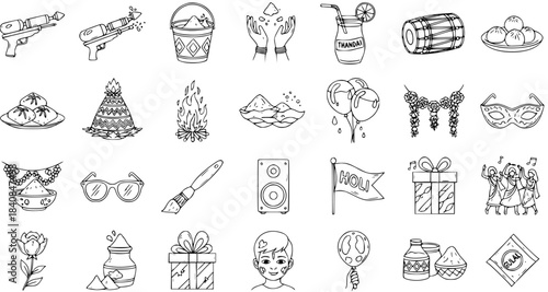 Holi Festival Black  White Line Art Icons Set. Hand-drawn Doodle Elements Collection for Indian Spring Celebration, featuring Pichkari, Gulal, Thandai, Dhol, and Traditional Motifs.