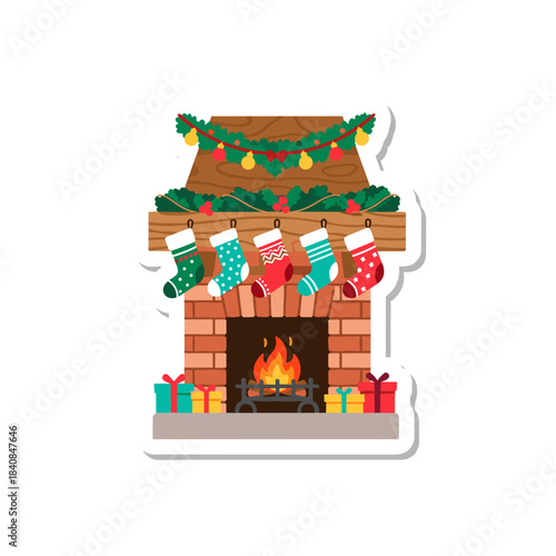 Cozy Christmas Fireplace with Stockings and Gifts Sticker.