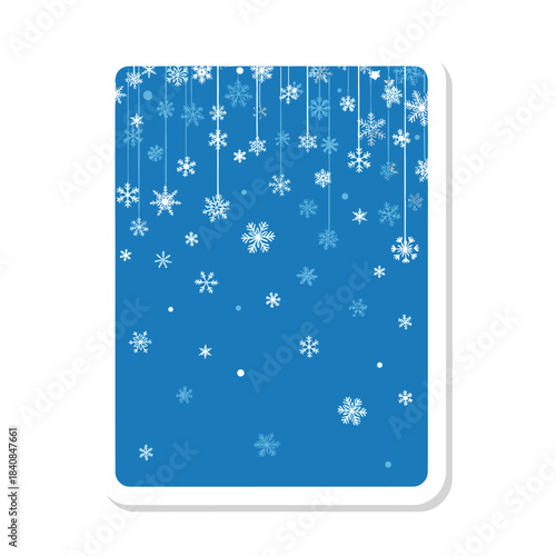 Blue background with falling snowflakes and hanging ornaments for winter design.