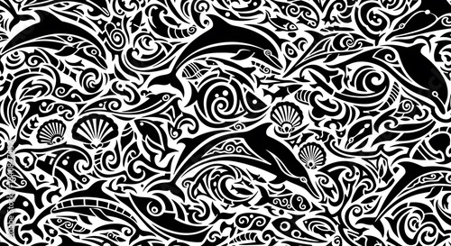 Fototapeta Naklejka Na Ścianę i Meble -  Tribal Style Dolphin Pattern Black and White.