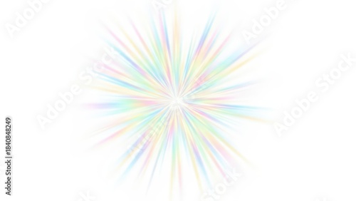Abstract colorful light burst radiating outwards from a central point on a pure white background, resembling a soft rainbow starburst or lens flare effect.