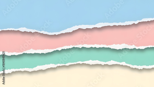 Colorful torn paper layers with pastel blue, pink, green, and cream textures creating a vibrant abstract background