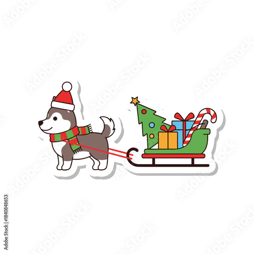 Cute Husky Dog in Santa Hat Pulling Christmas Sleigh with Gifts and Tree.