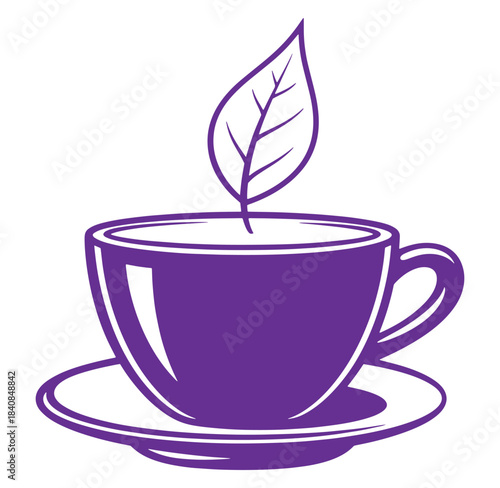 A purple vector illustration of a tea cup with a leaf suggesting herbal beverage