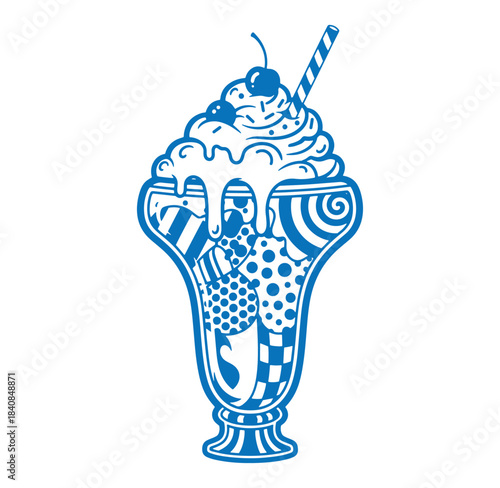 Artistic blue illustration of a delicious ice cream sundae with whipped cream and cherry