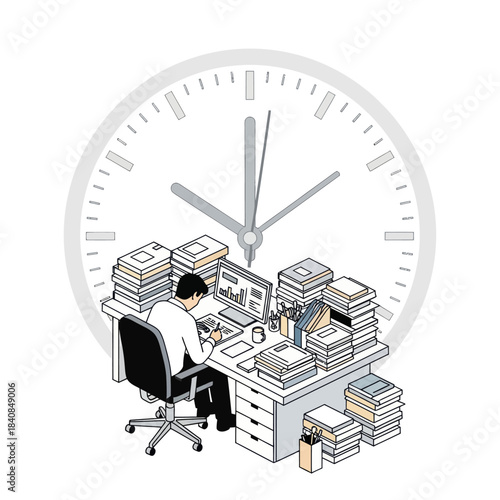 Man working at a cluttered desk with a large clock in the background symbolizing time pressure.
