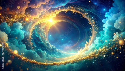 Cosmic vortex of swirling nebulae and stardust, illuminating a celestial gateway with ethereal light and vibrant colors, a breathtaking astronomical spectacle
