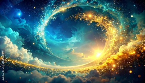 An ethereal spiral of stardust and clouds in a cosmic vortex, illuminated by a radiant sun