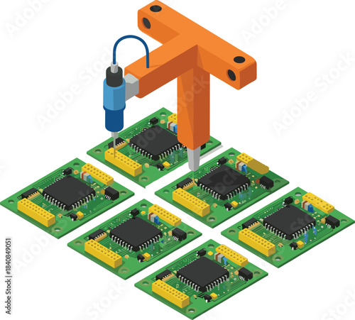 Automated electronic assembly, robot arm placing microchip component on green printed circuit boards (PCB) in high-tech manufacturing facility, industrial technology concept.