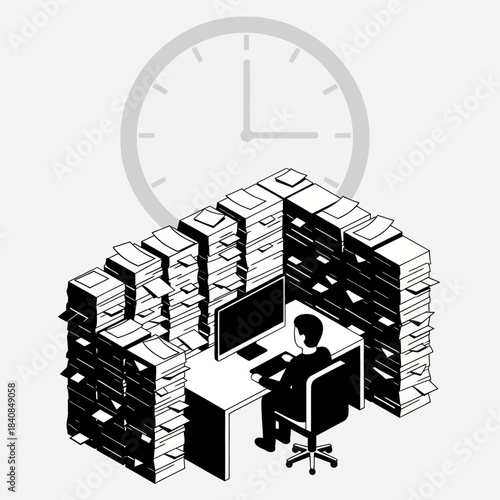 Man working at desk surrounded by stacks of paper under a clock.