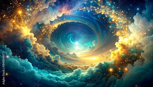 Ethereal Cosmic Vortex A Dreamlike Swirl of Golden Stardust and Sapphire Clouds, a Gateway to Imagination