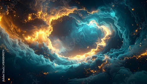 Abstract Swirling Cosmic Nebula with Golden and Cyan Hues Illuminating the Vast Expanse of Space