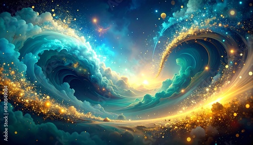 An enchanting celestial dreamscape featuring swirling turquoise waves and luminous golden stardust, illuminated by a radiant cosmic glow, evoking a mystical and infinite universe