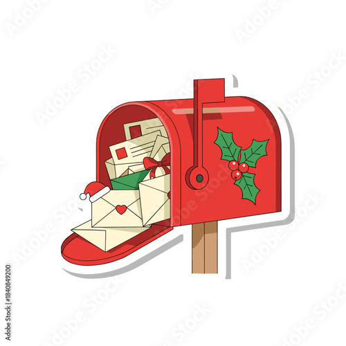 Festive Red Mailbox Overflowing with Christmas Letters and Holly Decoration.