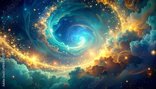 A surreal and vibrant nebula swirl with golden cosmic dust and ethereal clouds, creating a dazzling, dreamlike galaxy