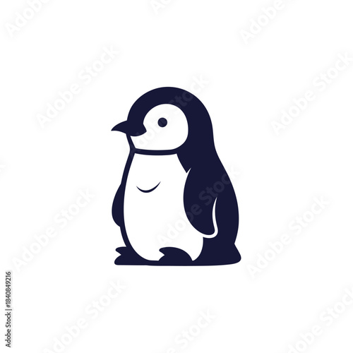 A simple, cute, and stylized cartoon illustration of a baby penguin standing on a white background, featuring dark blue and white colors.