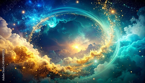 Enchanting cosmic swirl of radiant starlight and ethereal clouds, forming a majestic portal to an otherworldly dimension, symbolizing universal wonder and infinite possibilities