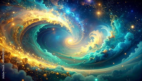 Vibrant cosmic nebula with swirling clouds of gold and teal, illuminating distant stars and a central bright glow, depicting the vastness of space