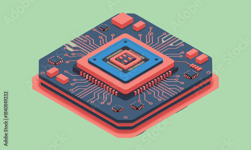 Collection of electronic components, various disassembled printed circuit boards (PCB), microchips, power supply, and hardware set in technical isometric display.