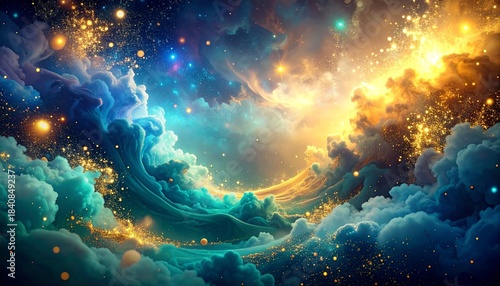 Ethereal Cosmic Dreamscape of Sparkling Nebulae and Golden Dust, a Gateway to Infinite Wonders and Mystical Realms
