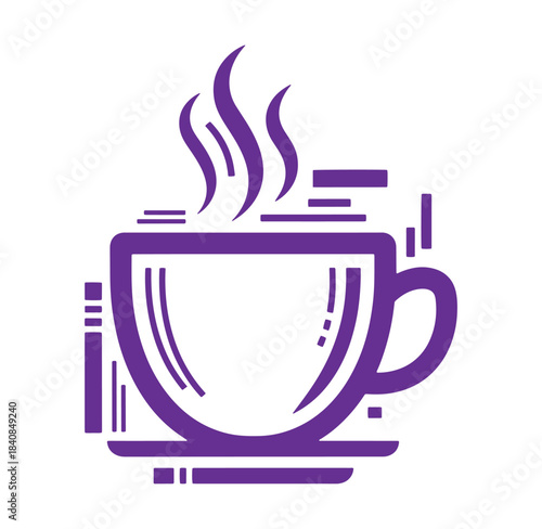 Minimalist purple vector illustration of a steaming cup of coffee or tea ready to enjoy.