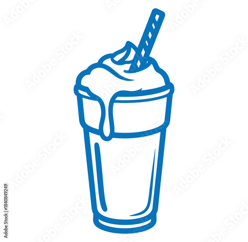 Outline illustration of a creamy milkshake with whipped cream and a drinking straw