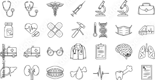 Medical Icons Set: Stethoscope, DNA, Brain, Lungs, Ambulance, Microscope, Syringe, First Aid Kit - Black and White Line Art Vector Collection