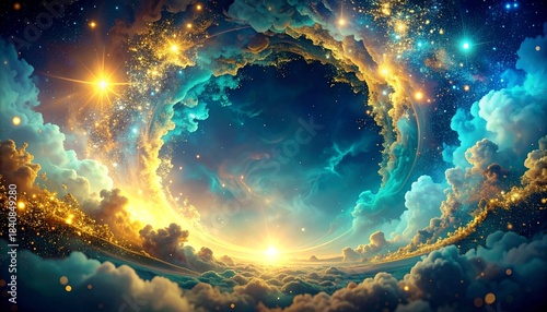 A majestic cosmic gateway shimmering with vibrant ethereal light, formed by swirling stardust and luminous nebulae, revealing infinite wonders of the universe