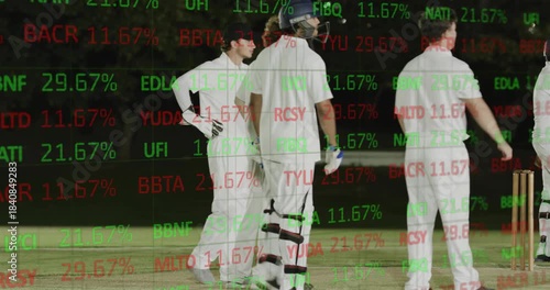 Cricketers responding to off-frame cue, embracing at stumps, ticker overlay obscuring faces