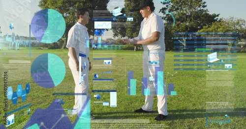 Players exchanging sports watch data to sync after wrist point on field, holograms guiding gestures