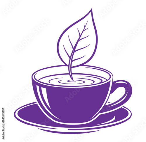 Purple vector illustration of a teacup with a leaf representing herbal tea or wellness