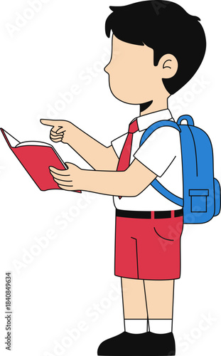 Young schoolboy in uniform with a blue backpack holding an open red book and pointing, representing education and learning.