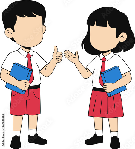 Cartoon students in uniform with books, boy giving thumbs-up and girl gesturing, representing education and learning