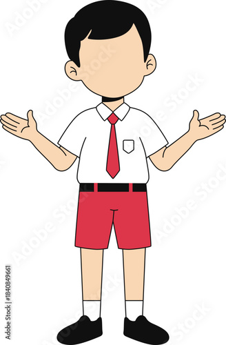 Cartoon illustration of a young boy in elementary school uniform with open hands, presenting or explaining something, isolated on white background.