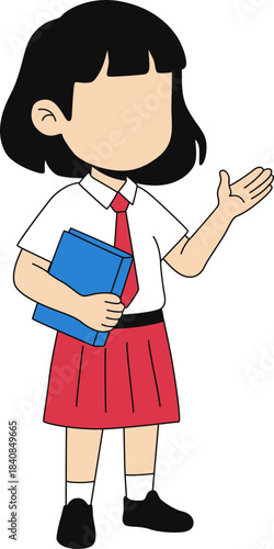 Cartoon schoolgirl in uniform holding a book and gesturing, ready for class or presentation