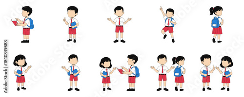 Set of Indonesian elementary school children in various poses, holding books and wearing school uniforms, ready for learning.