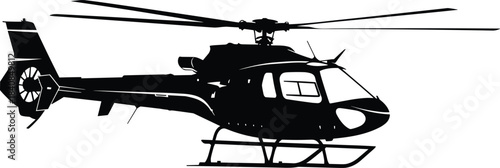 Helicopter silhouette, black aircraft, side view, rotor blades, tail rotor, landing skids, cockpit window, transport, aviation, isolated, vector graphic